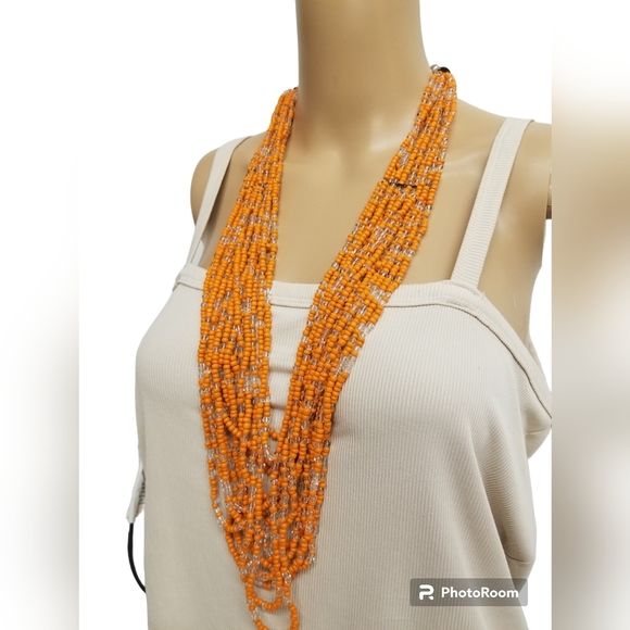 VINTAGE LONG LAYERED ORANGE SEED BEAD BOHO NECKLACE - Picture 2 of 5